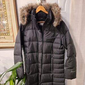 Eddie Bauer Black Quilted Puffer Jacket with Faux Fur Trim